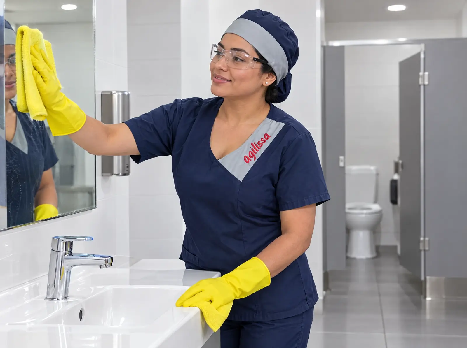 Profesional de limpieza limpia el espejo y el lavamanos de un baño de oficina