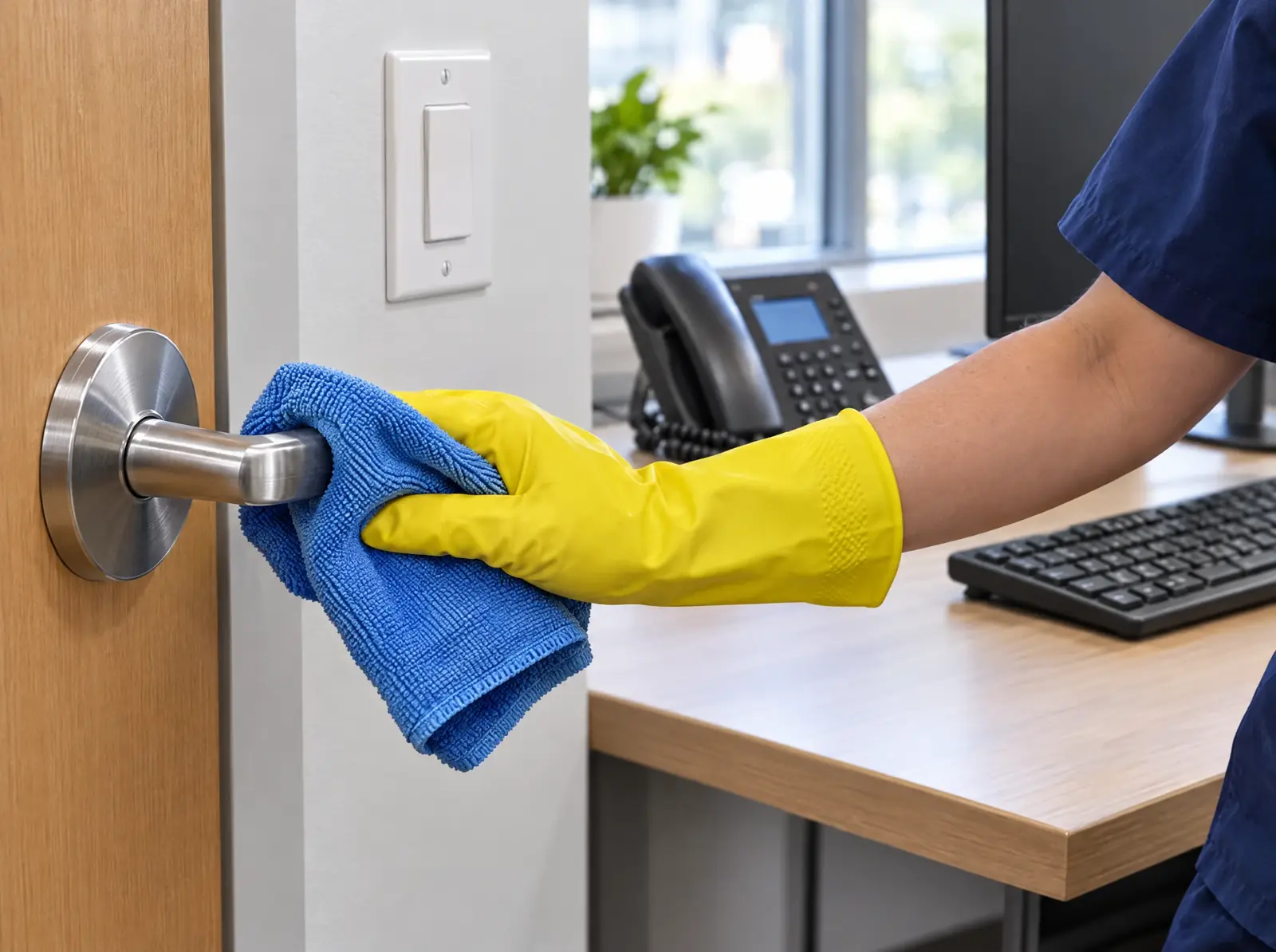 Mano con guante amarillo desinfecta la manija de una puerta con un paño azul