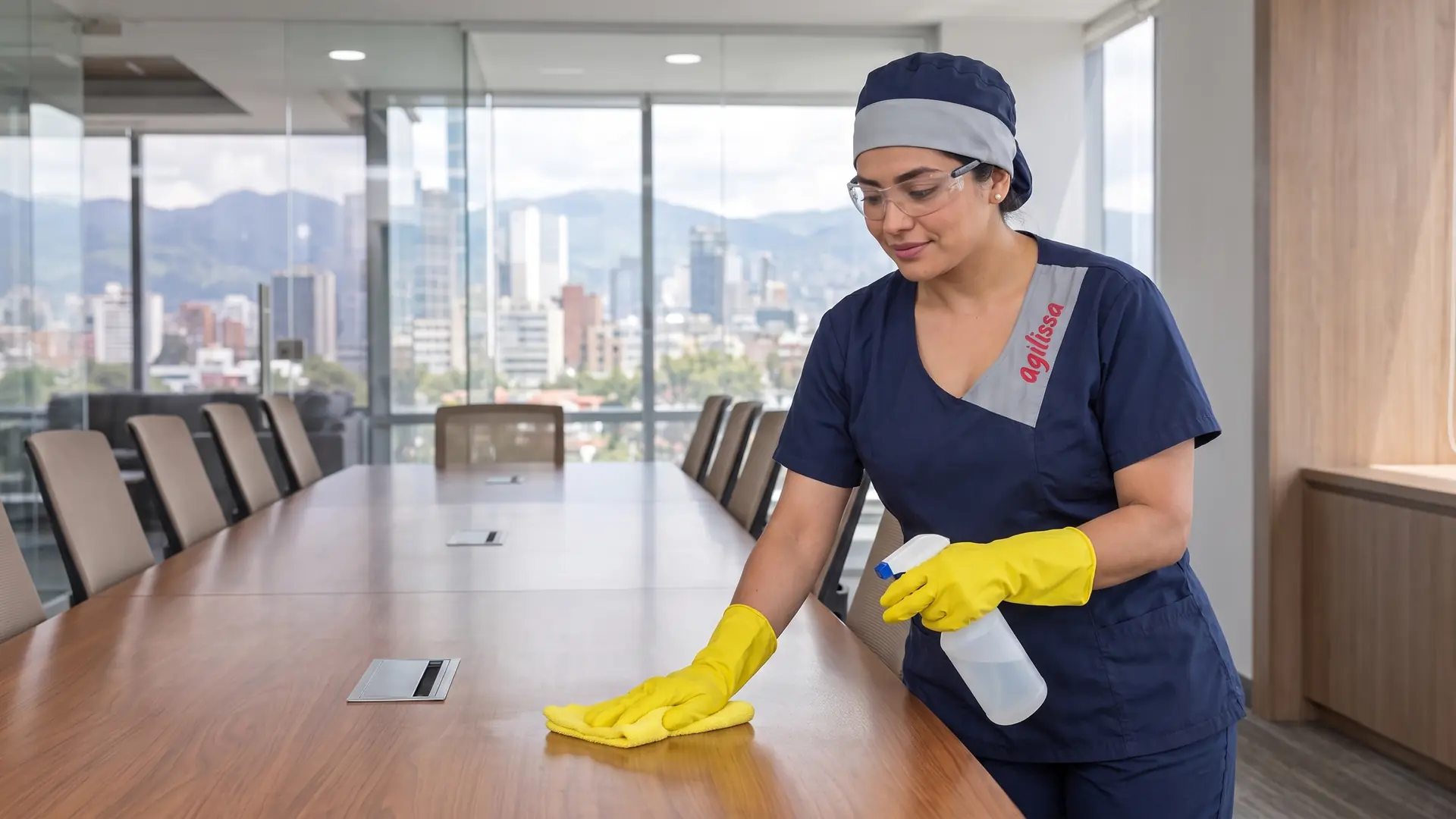 Profesional de limpieza pule la mesa de una sala de reuniones con vista a la ciudad